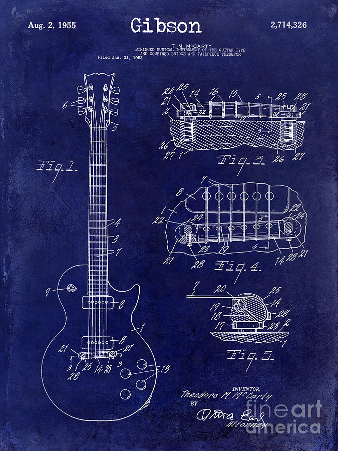 Gibson Guitar Patent Drawing Blue Photograph by Jon Neidert
