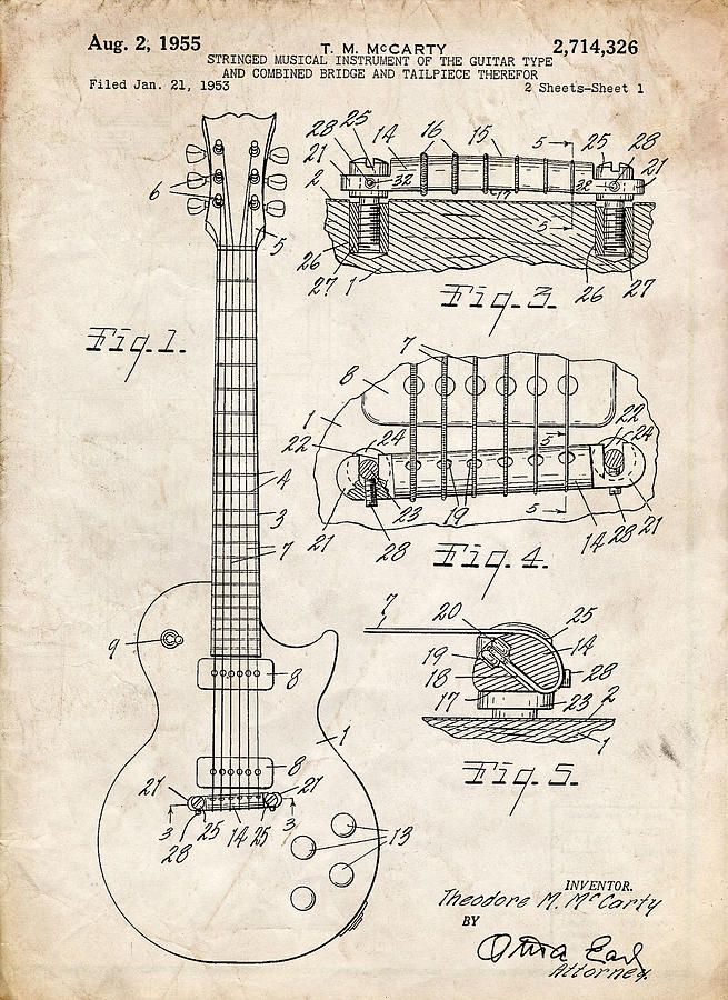 Gibson Les Paul Guitar Patent Art Drawing By Stephen Chambers