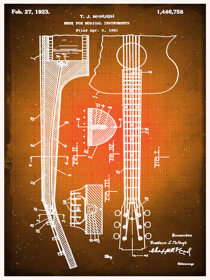 Gibson Thaddeus J Mchugh Guitar Patent Blueprint Drawing Sepia Drawing by Tony Rubino