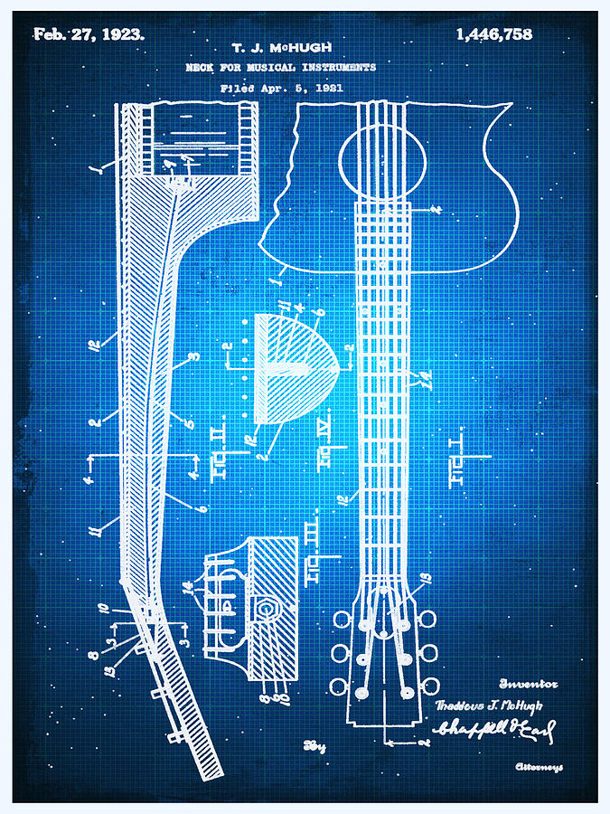 Gibson Thaddeus J Mchugh Guitar Patent Blueprint Drawing Drawing by Tony Rubino