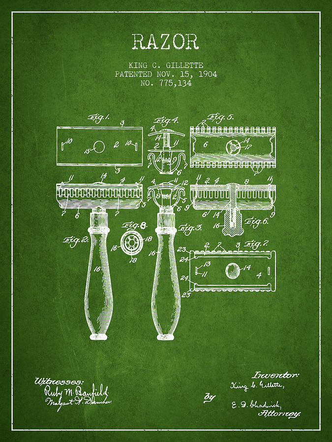 Vintage Digital Art - Gillette Razor Patent from 1904 - Green by Aged Pixel