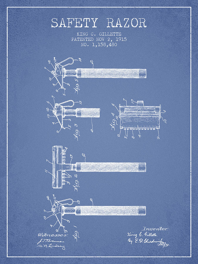 Vintage Digital Art - Gillette Safety Razor Patent Drawing from 1915 - Light Blue by Aged Pixel