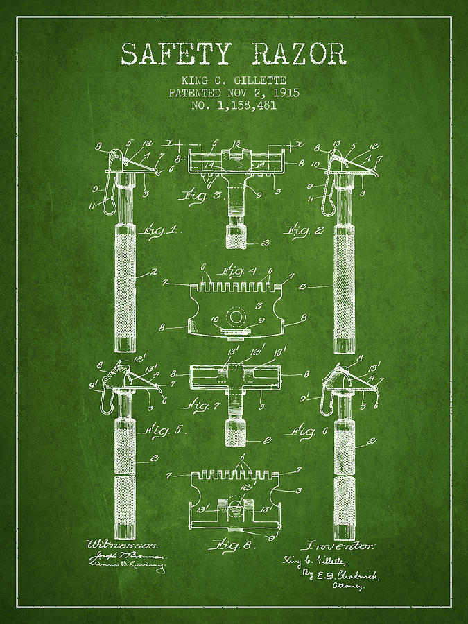 Vintage Digital Art - Gillette Safety Razor Patent from 1915 - Green by Aged Pixel