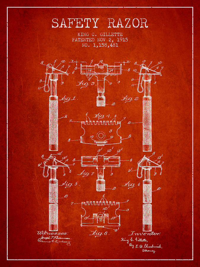 Vintage Digital Art - Gillette Safety Razor Patent from 1915 - Red by Aged Pixel
