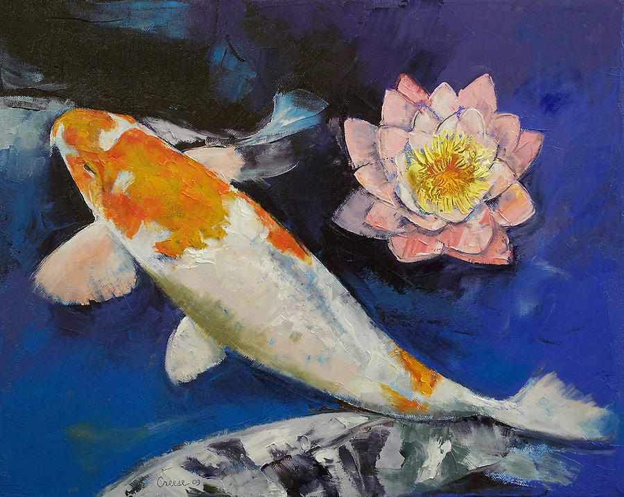 Koi Painting - Gin Rin Koi and Water Lily by Michael Creese