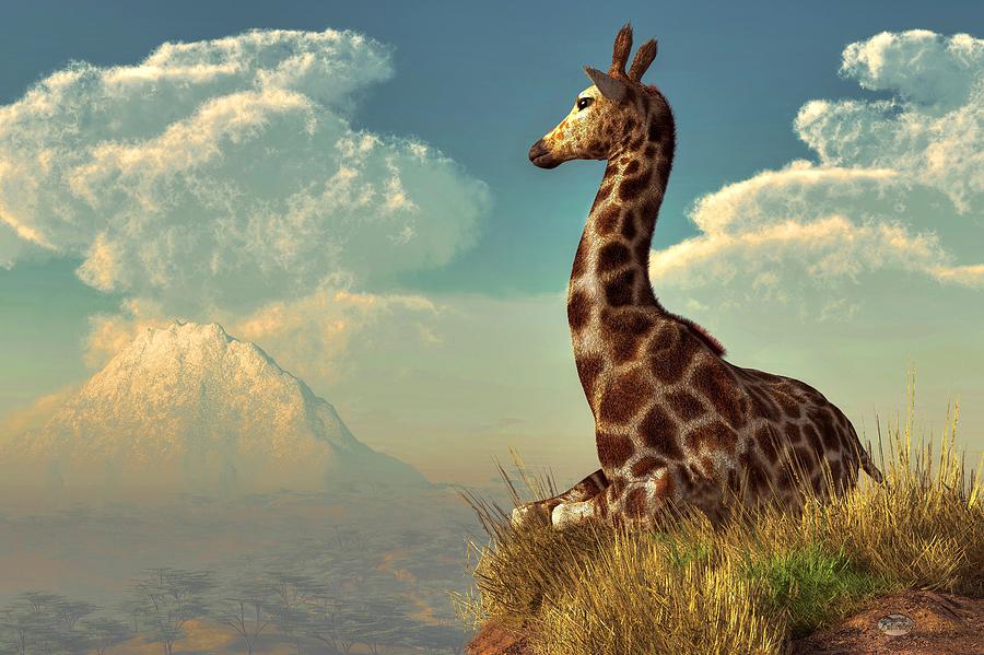 Giraffe and Distant Mountain Digital Art by Daniel Eskridge