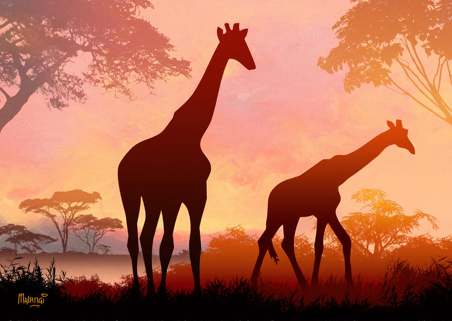 Sunset Digital Art - Giraffe Twilight by Anthony Mwangi