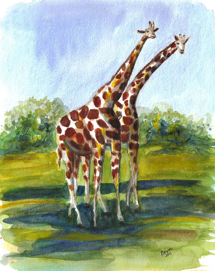 Giraffe twins Painting by Clara Sue Beym