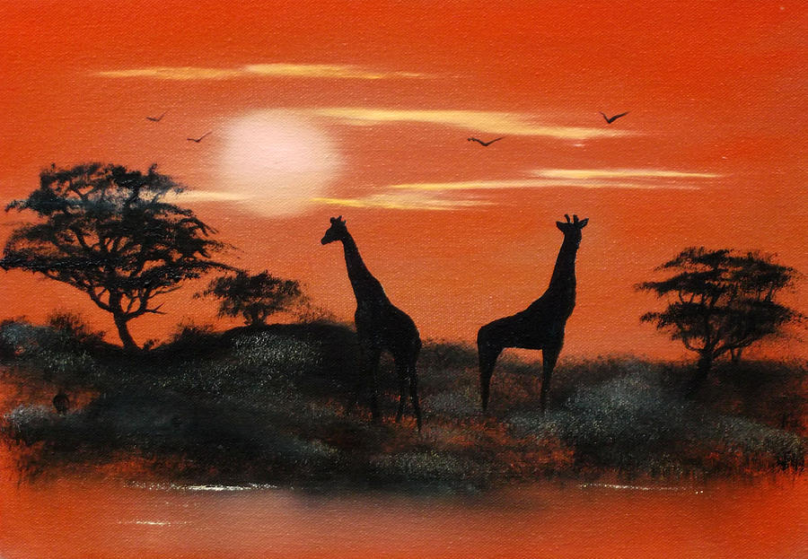 Giraffe Painting - Serengeti Sunset SOLD by Cynthia Adams