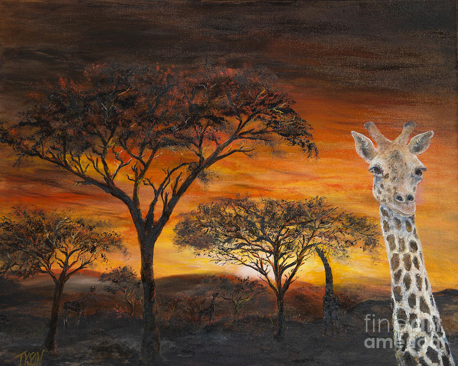 Giraffe Painting - Giraffes at Sunset by John Tyson