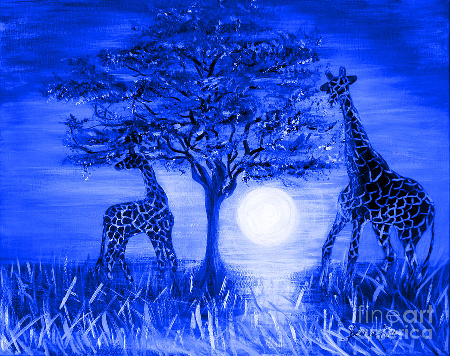 Giraffes. Blue Painting by Oksana Semenchenko