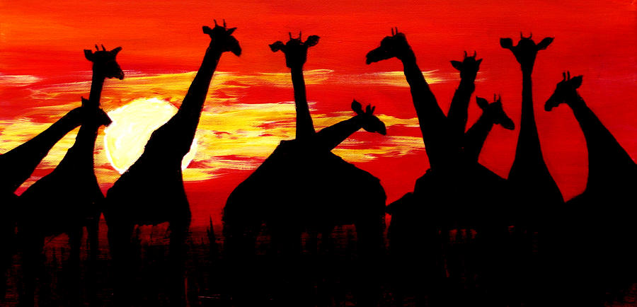 Giraffes Sunset Africa Serengeti Painting by Katy Hawk