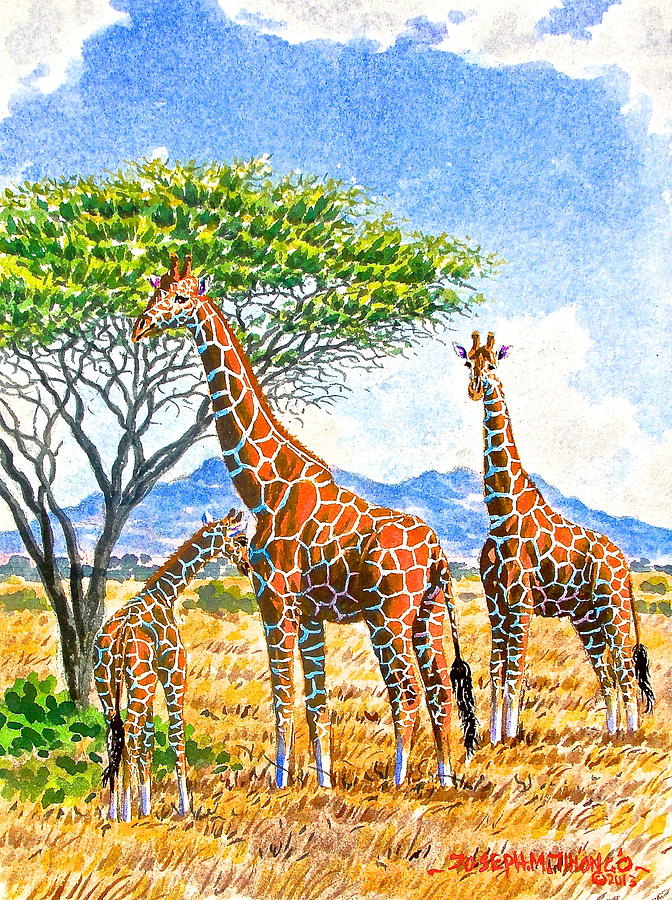 Giraffes with Baby Painting by Joseph Thiongo