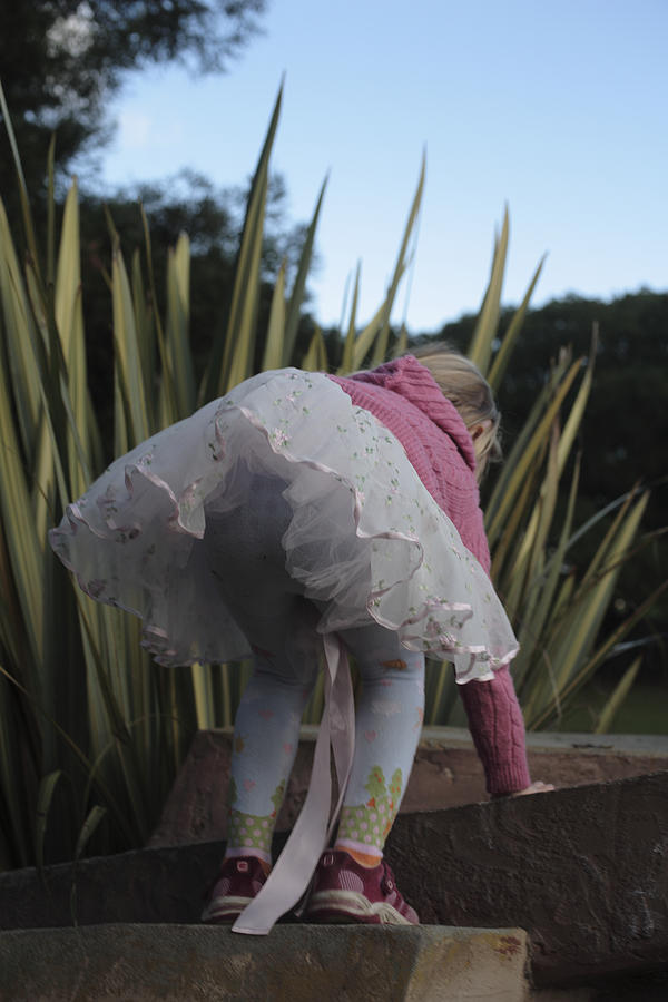 Girl (4-6) wearing frilly skirt and pink sweater climbing up steps Photograph by Debra McClinton