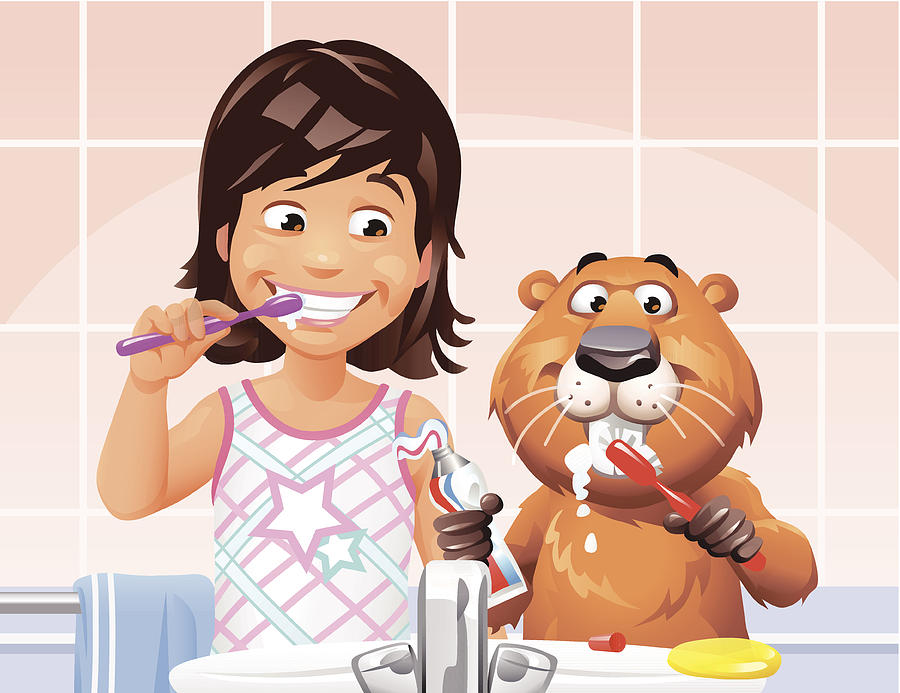 Girl and Beaver Brushing Teeth Drawing by Kbeis