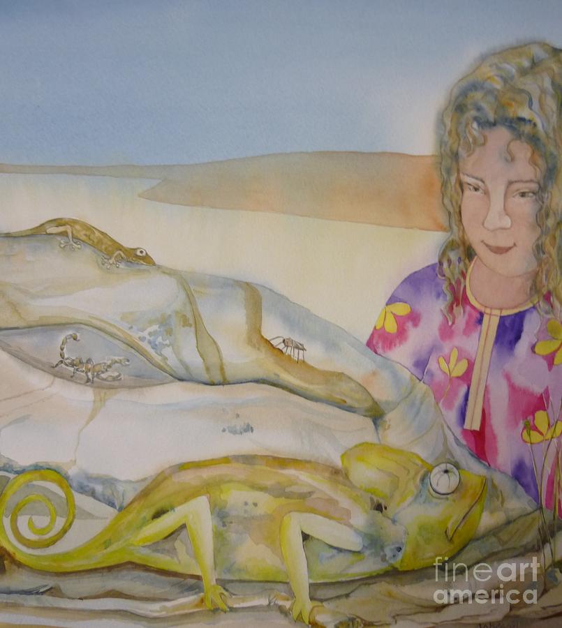 Girl and chameleon Painting by Donna Acheson-Juillet