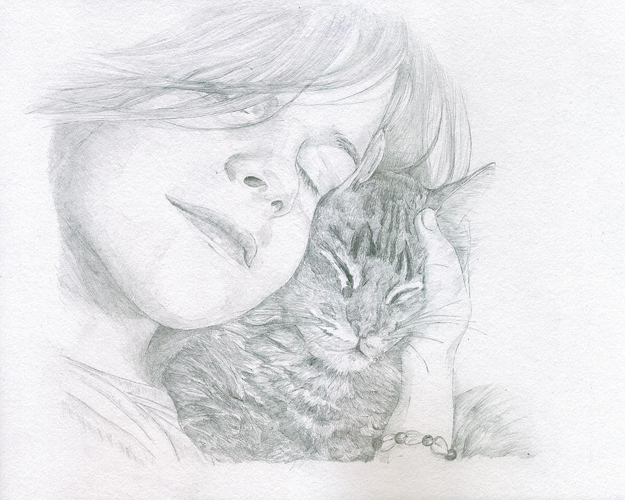Cat Drawing - Girl And Her Cat by Pamela Bateman