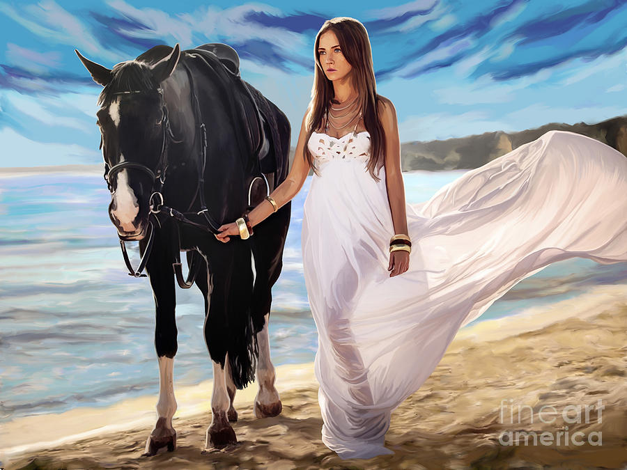 Girl and Horse on Beach Painting by Tim Gilliland