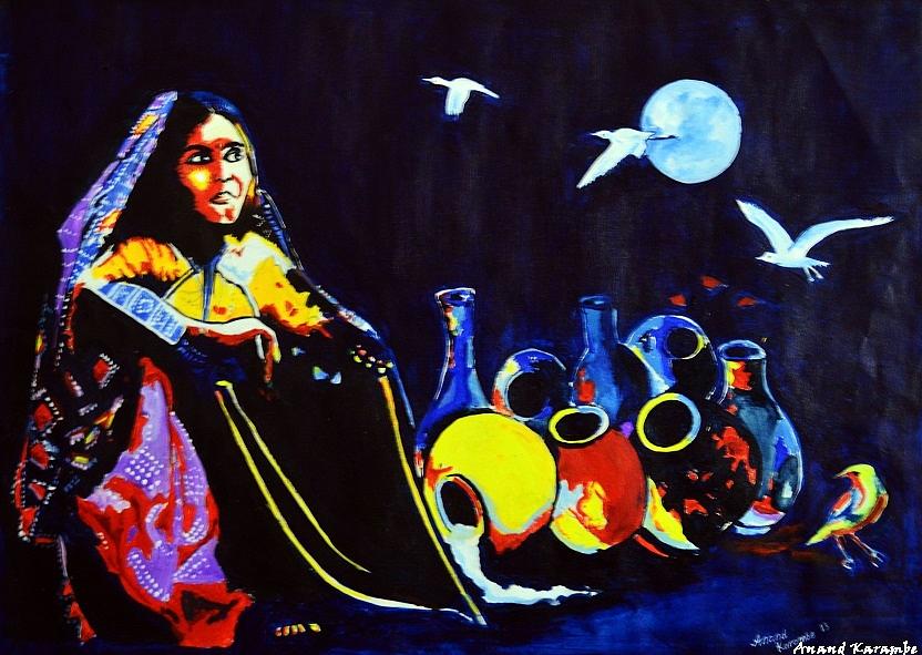 Acrylic Painting - Girl and pot by Anand Karambe