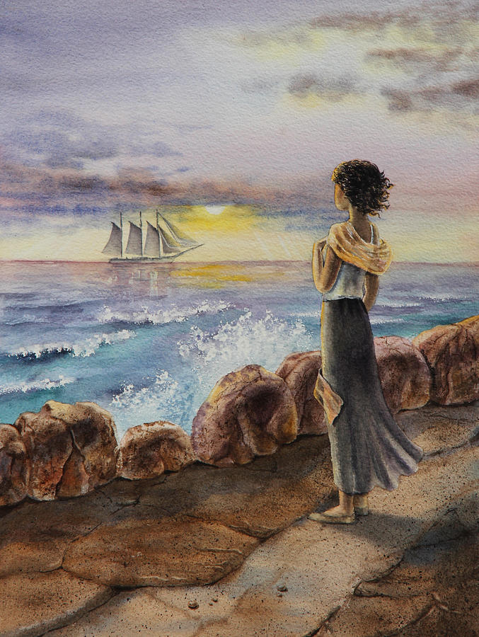 Sunset Painting - Girl And The Ocean Sailing Ship by Irina Sztukowski