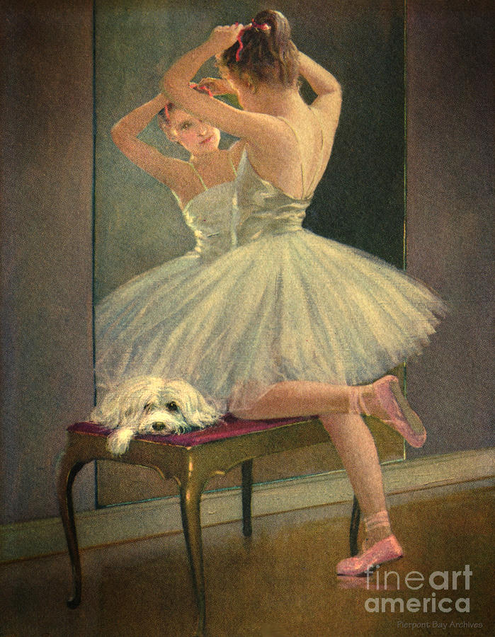 Girl Ballet Dancer Fixes Her Hair with Maltese Dog on Bench Digital Art by Pierpont Bay Archives