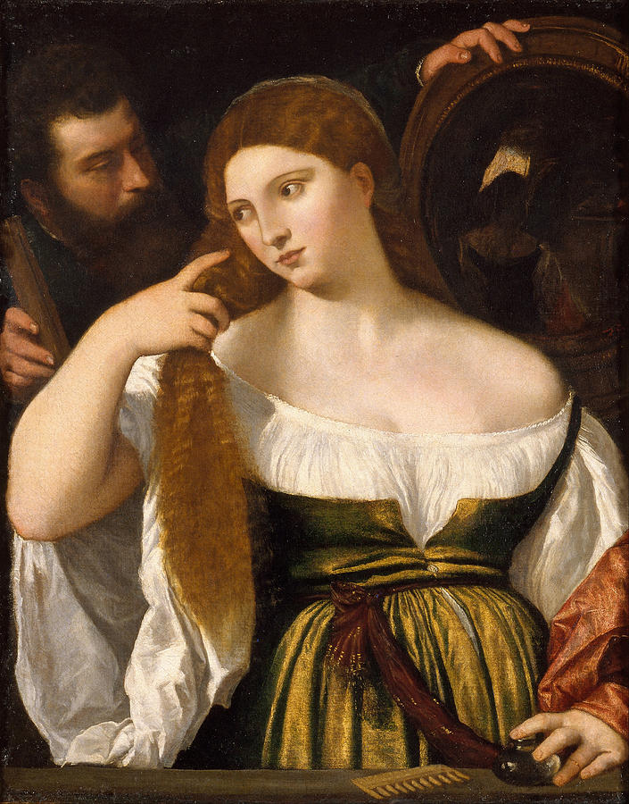 Blond Girl Painting - Girl Before the Mirror by Titian and Workshop