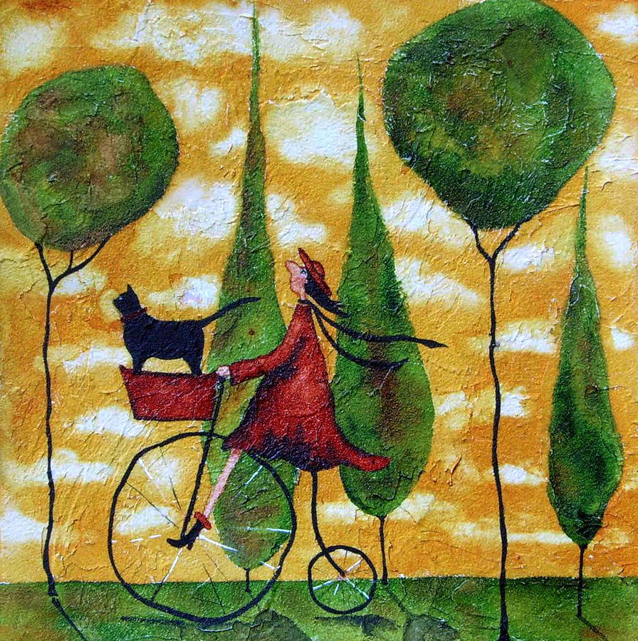 Animal Painting - Girl Bike Ride Black Cat Pet Animal Italian Cypress Trees Landscape High Wheeler Clouds by Debi Hubbs