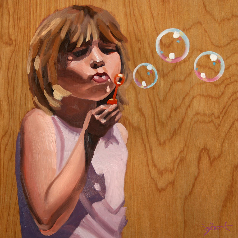 Bubbles Painting - Girl Blowing Bubbles by Guenevere Schwien