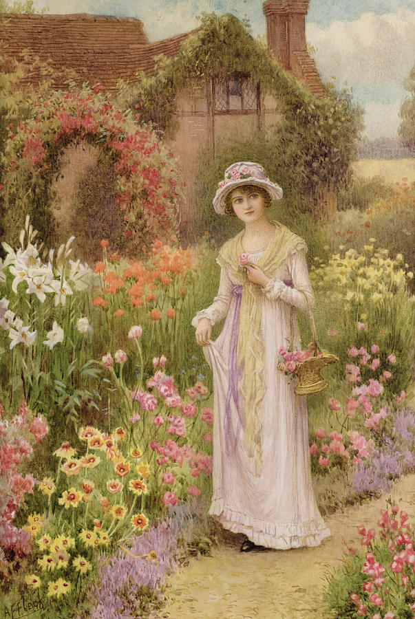 Girl by a herbaceous border Painting by William Affleck