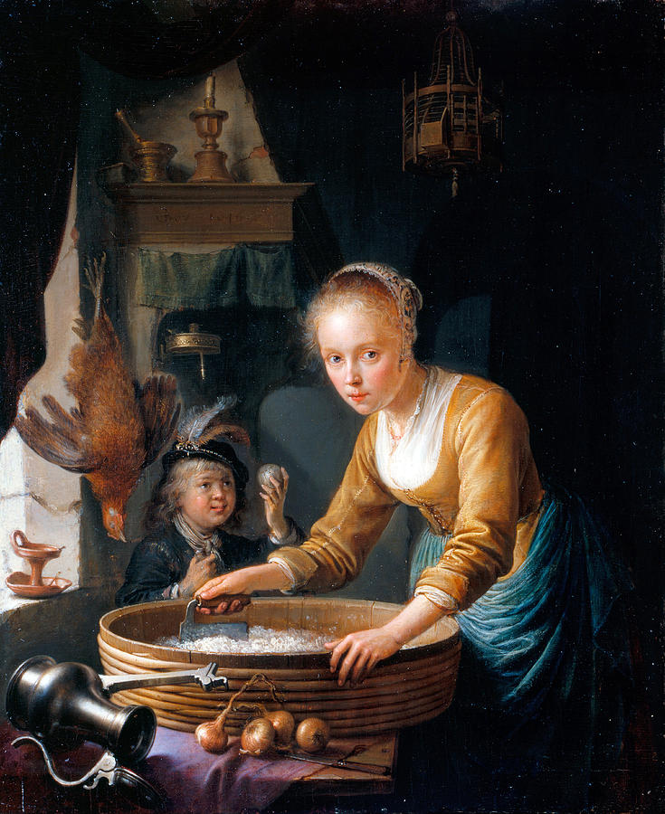 Gerrit Dou Painting - Girl Chopping Onions by Gerrit Dou
