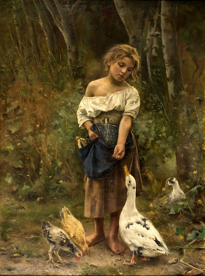 Girl feeding a goose Painting by Joan Brull i Vinyoles