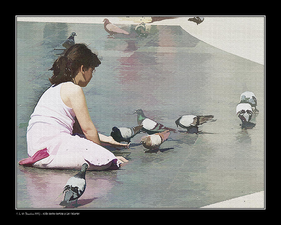 Girl feeding pigeons Photograph by Pedro L Gili