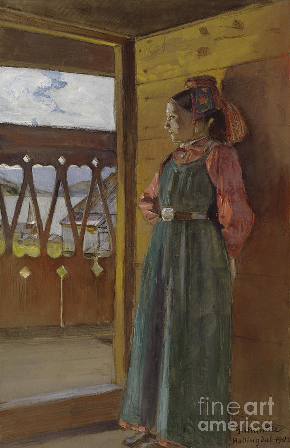 Girl from Hallingdal standing in the doorway Painting by Gerhard Munthe