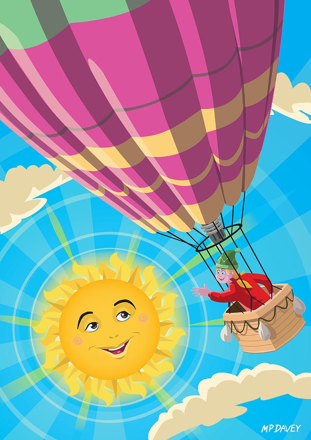 Basket Digital Art - Girl in a balloon greeting a happy sun by Martin Davey