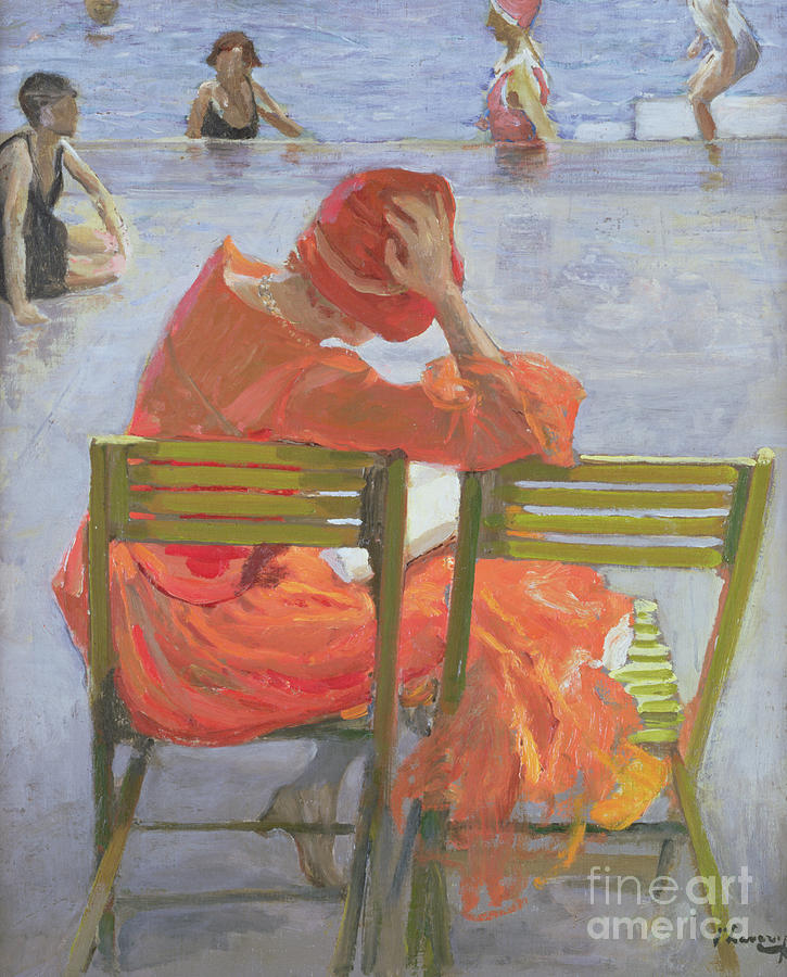 Summer Painting - Girl in a red dress reading by a swimming pool by John Lavery