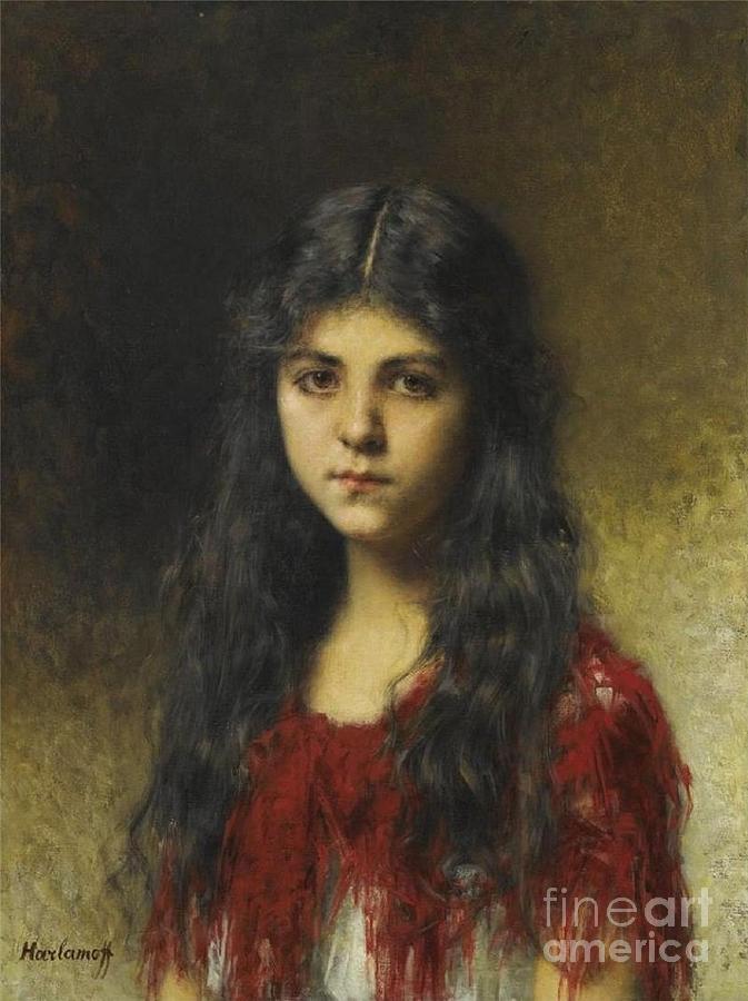 Girl in a red shawl Painting by Celestial Images
