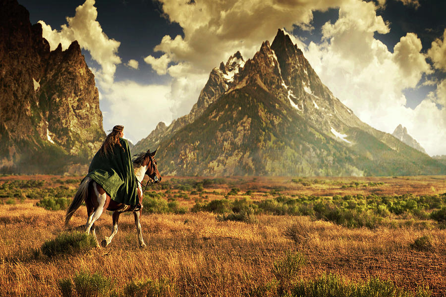 Nature Photograph - Girl In Cloak Rides Horse Toward Tall by Anna Gorin