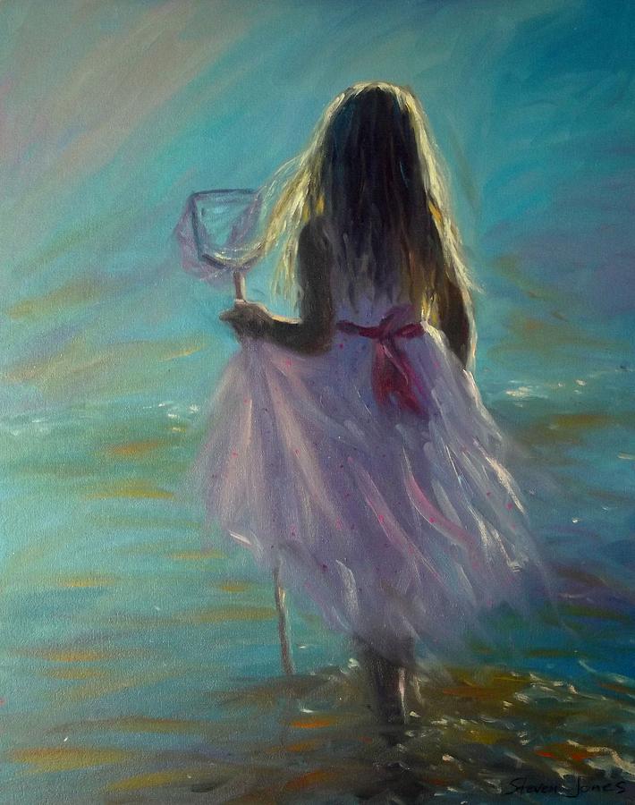 Colourful Painting - Girl in evening light beach scene by Steven Jones