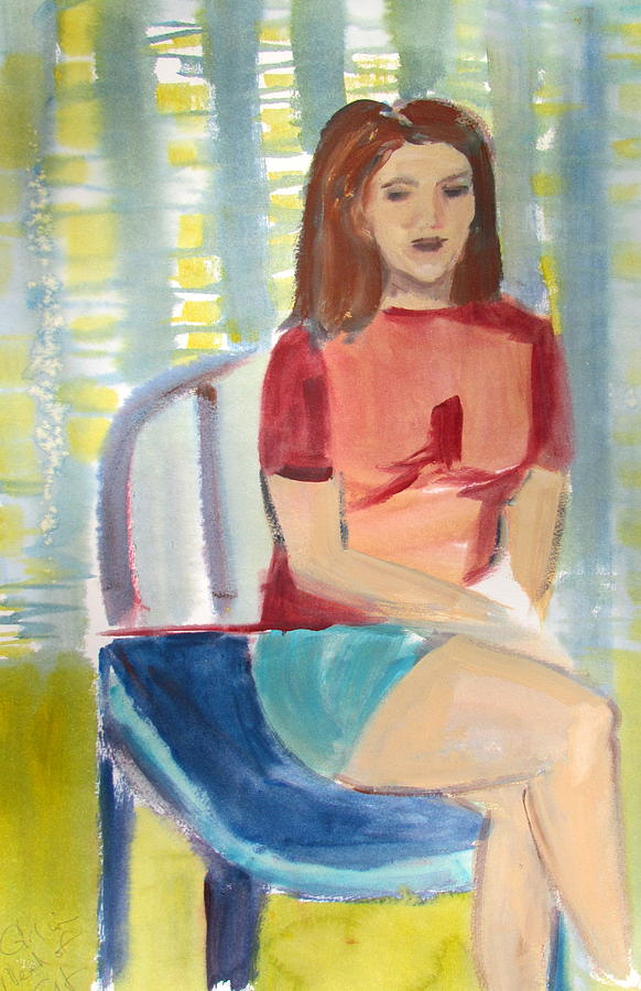Girl in Red Sweater Sitting in Blue Chair Painting by Betty Pieper