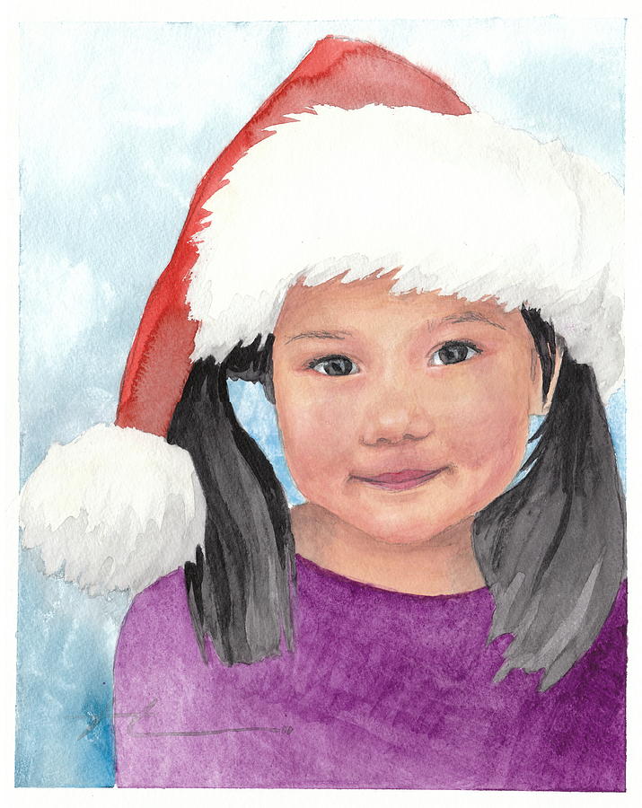 Girl In Santa Hat Watercolor Portrait Painting by Mike Theuer