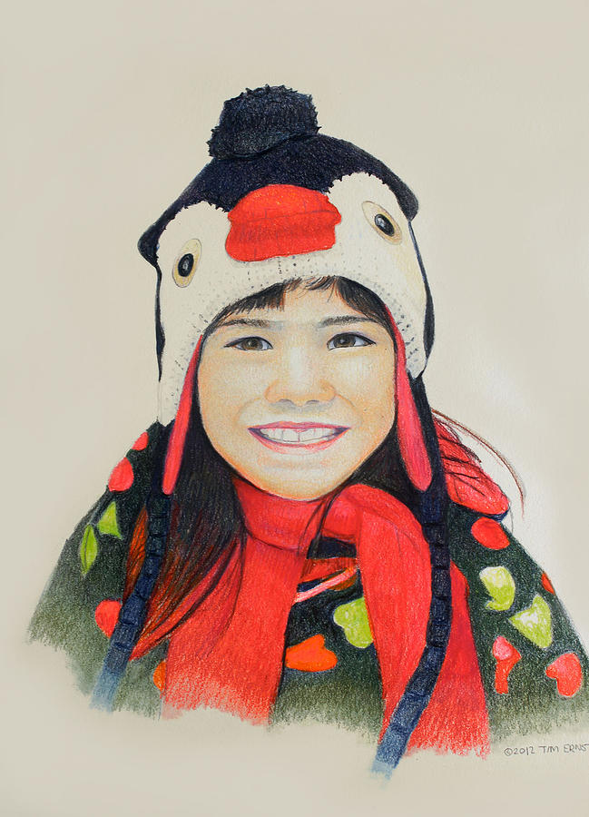 Girl in the penguin cap Drawing by Tim Ernst