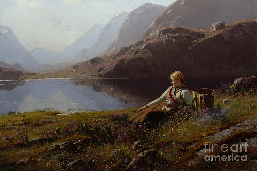 Girl knitting by the mountain lake Painting by Hans Dahl