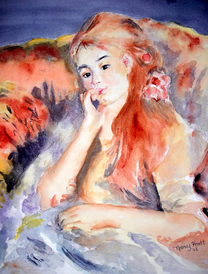 Girl Lounging  after Renoir Painting by Nancy Pratt