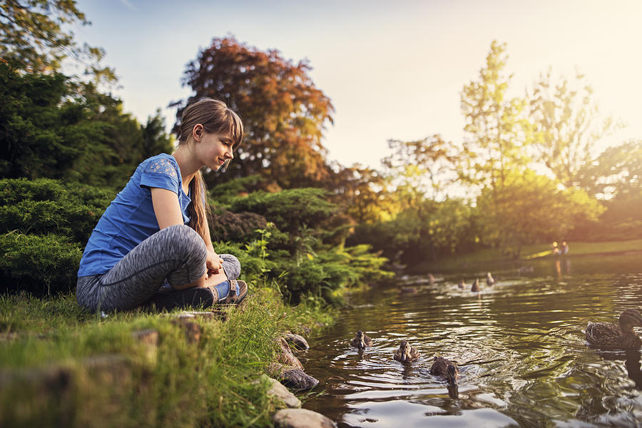 Girl observing ducks swimming in the city park Photograph by Imgorthand
