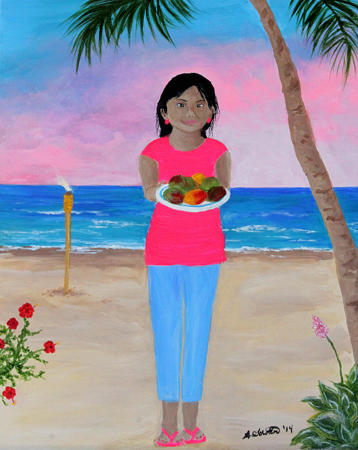 Flower Painting - Girl on a Beach with Mangoes by Amy Scholten