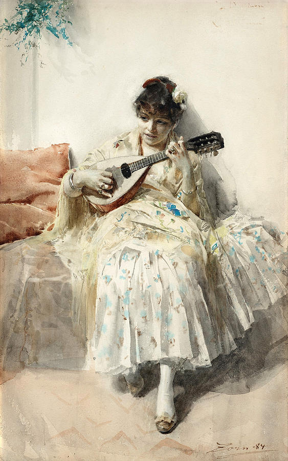 Girl playing mandolin Painting by Anders Zorn