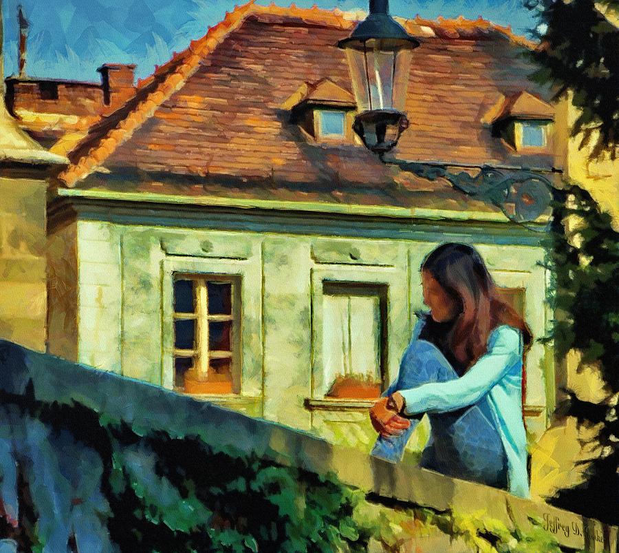 Girl Posing on Stone Wall Painting by Jeffrey Kolker