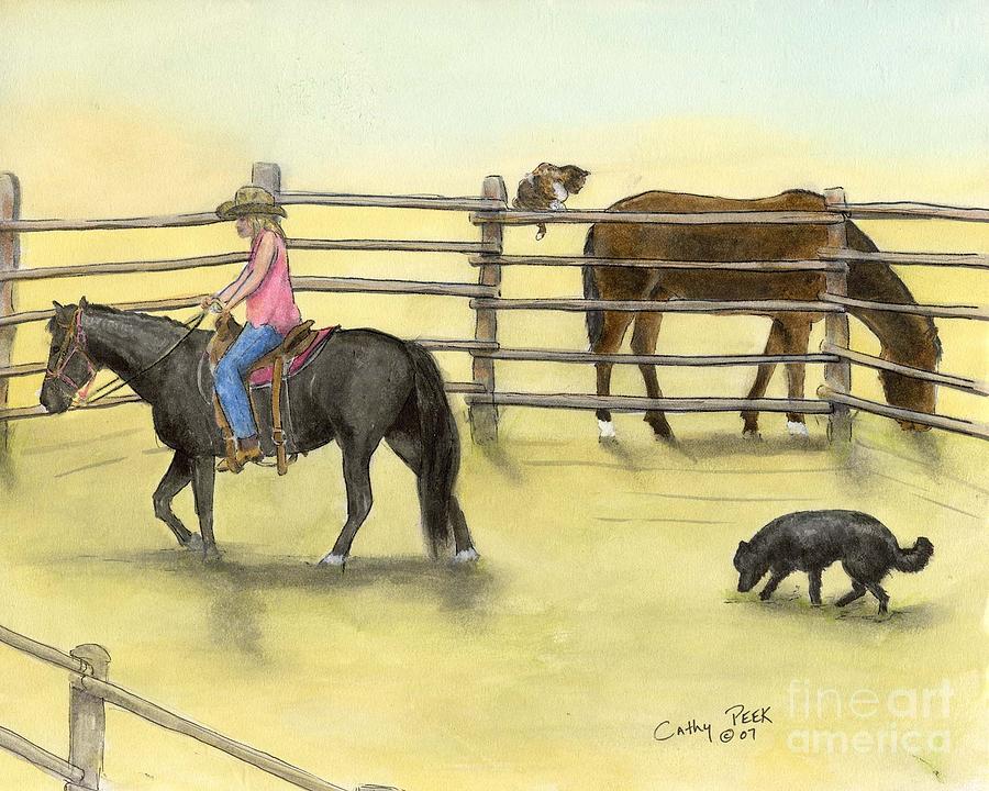 Animal Painting - Girl Riding Pony Horse Dog Farm animals Cathy Peek Art by Cathy Peek