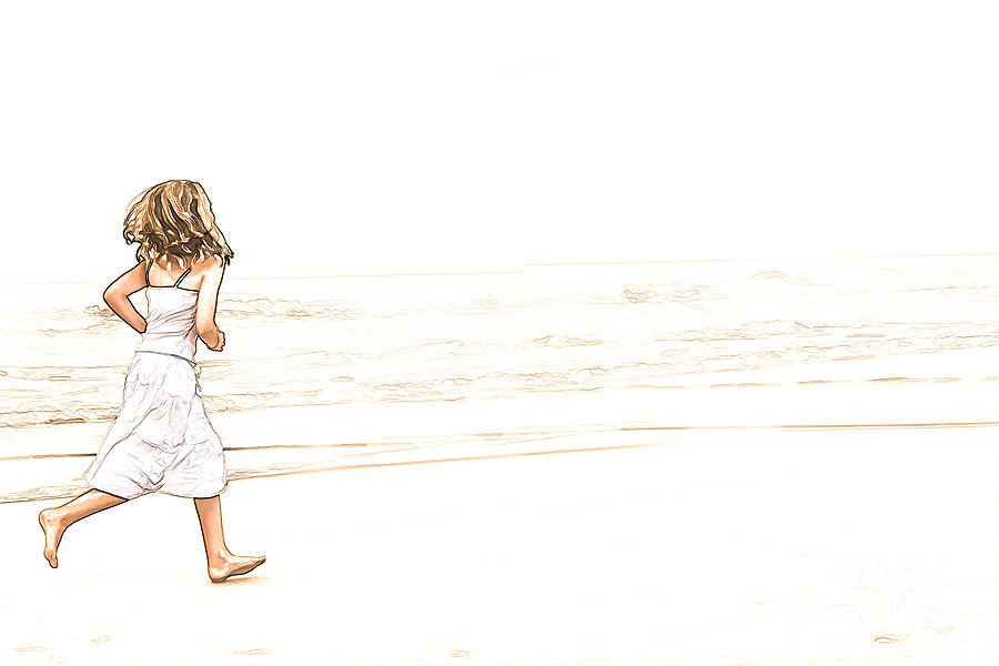 Girl Running on Beach Colored Sketch Digital Art by Randy Steele
