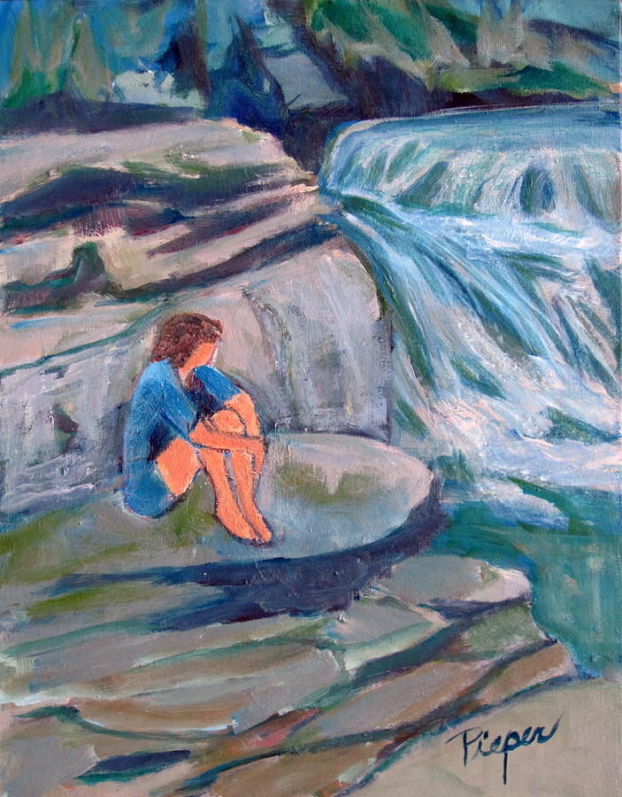 Girl Sitting on Rock by Water Falls Painting by Betty Pieper
